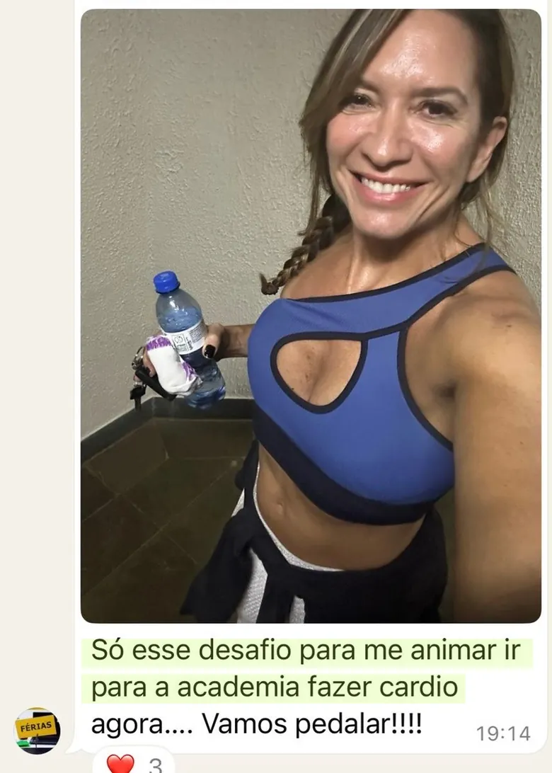 Print de WhatsApp: participante manda foto na academia dizendo que só o desafio a animou a ir fazer cardio